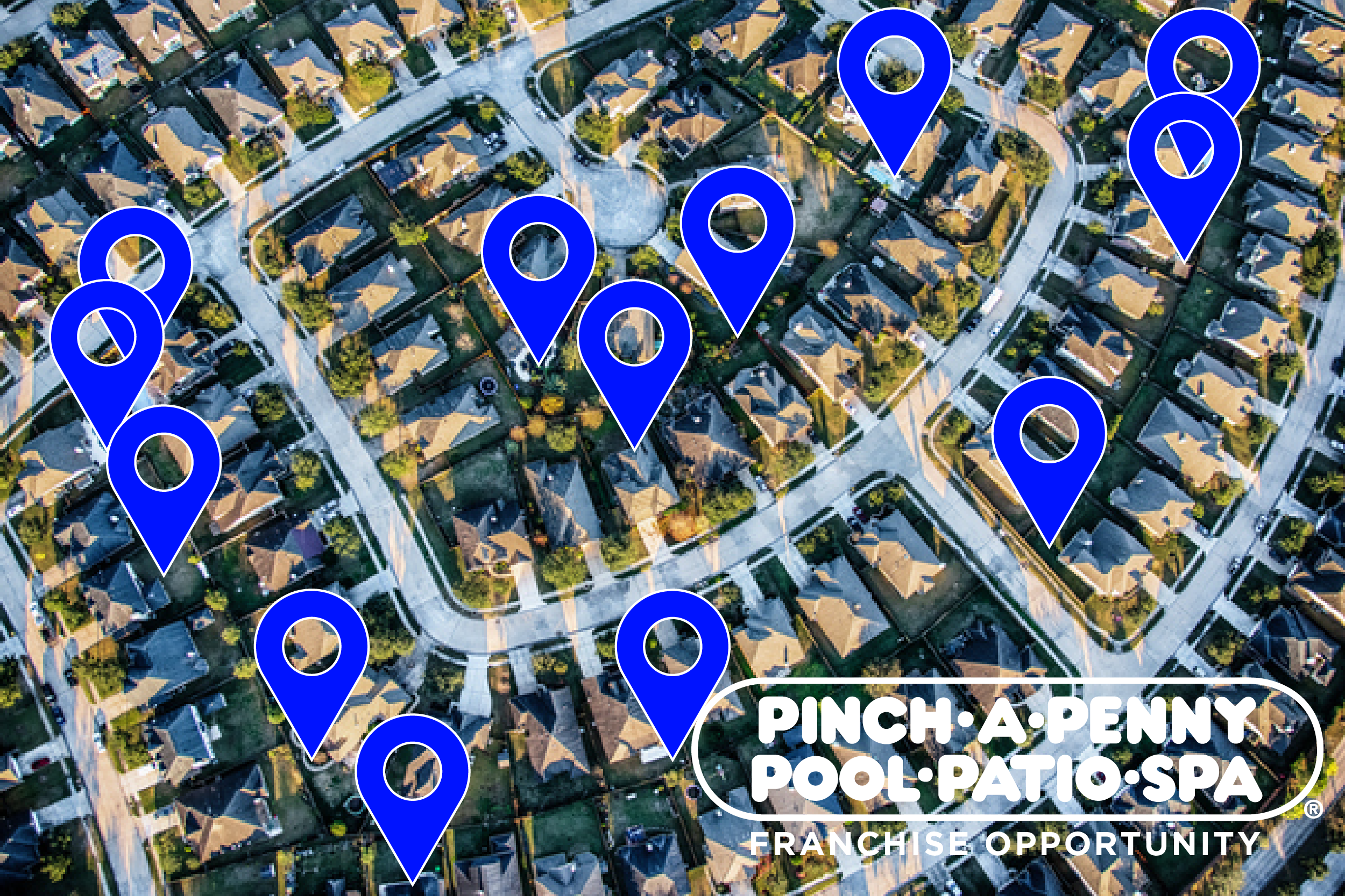 Aerial view showing map pins marking Pinch A Penny store locations.