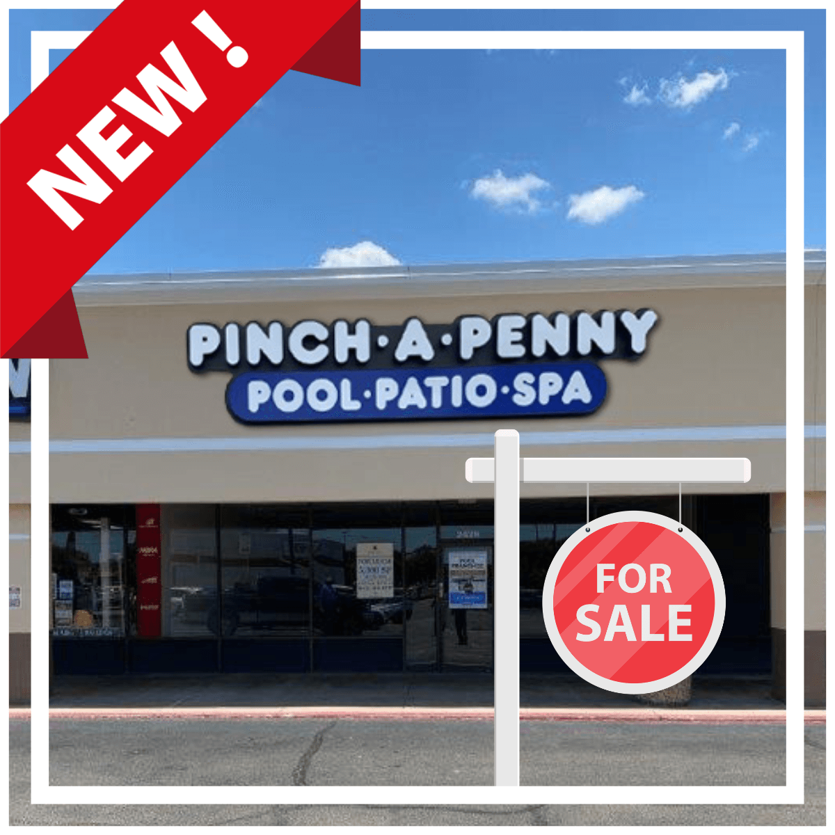 Blue banner with red label “NEW!” promoting “Pinch A Penny Pool Patio Spa for Sale.”