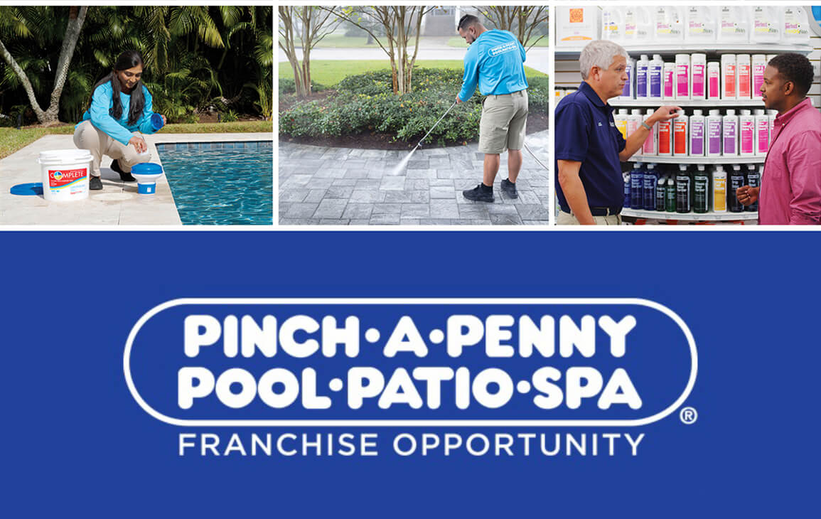 Blue and white franchise opportunity banner “Pinch A Penny Pool Patio Spa.”