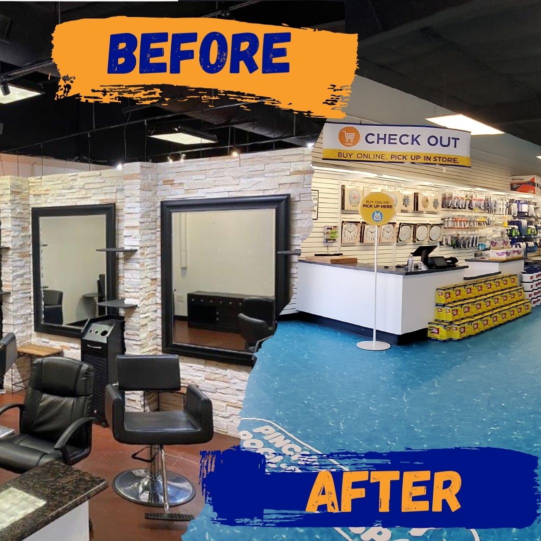 Before-and-after collage showing a renovated retail checkout area, labeled “BEFORE” and “AFTER,” highlighting store remodel improvements from the previous salon business.
