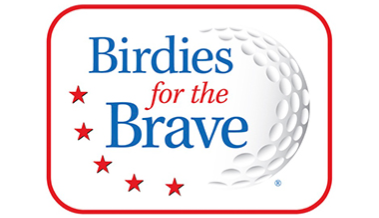 The Birdies for the Brave logo, featuring a white golf ball design with the words “Birdies for the Brave” in blue and red text. Five red stars line the lower left edge, symbolizing support for military members and their families.