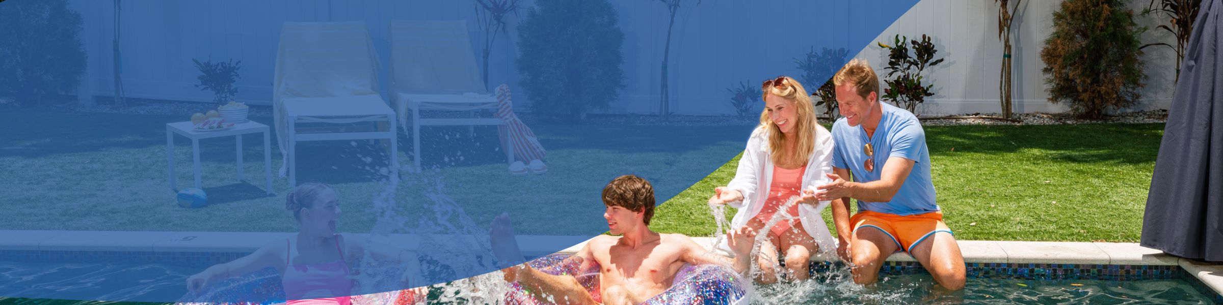 Backyard pool scene with teen on inflatable float and adults sitting at pool edge splashing water