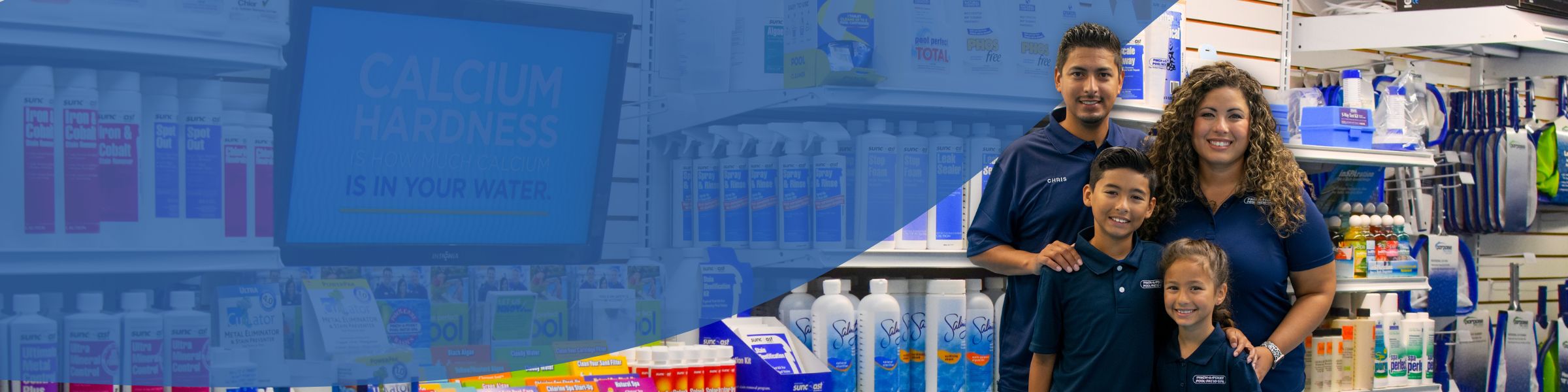 Family of four inside Pinch A Penny store standing near pool products and signage