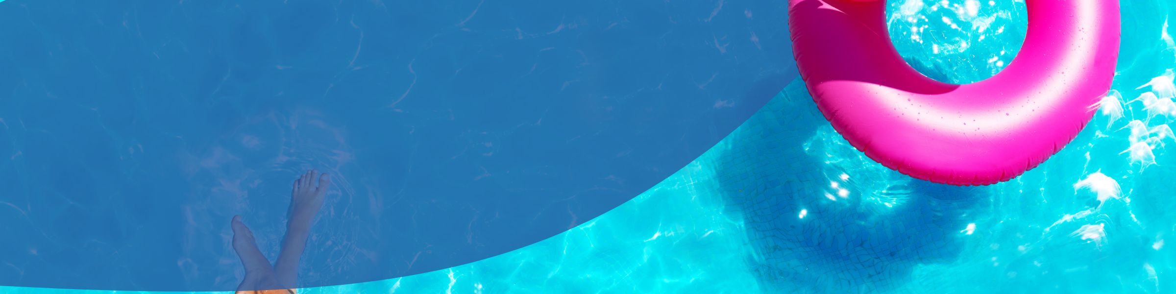 Bright pink inner tube floating in blue pool water with feet visible in frame
