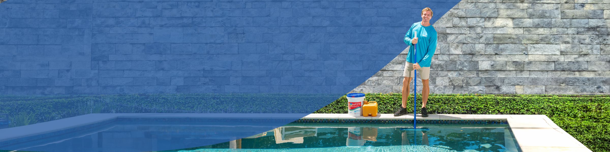 Pool technician standing by a pool with a long pole and chemical containers nearby